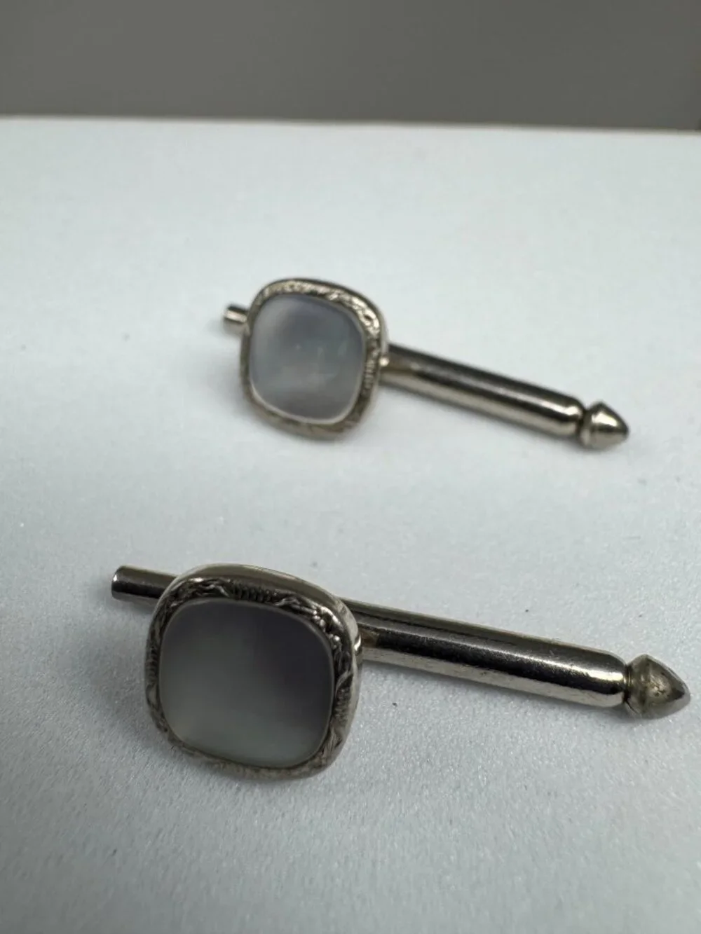 Vintage Swank Silver Tone Mother of Pearl Tuxedo Shirt Studs Set of 3